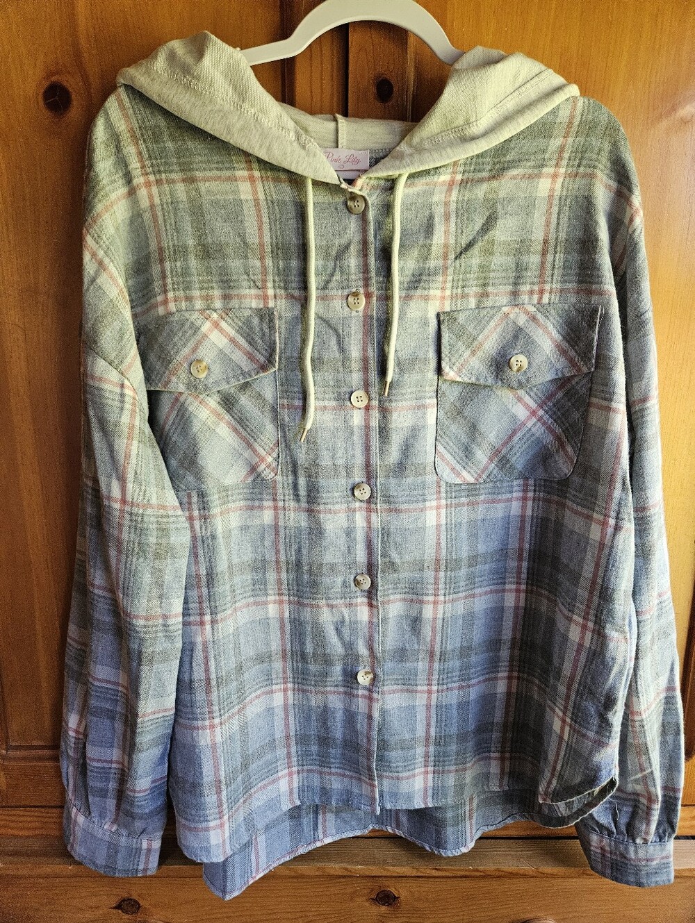 NWOT Pink Lily Blue And Pink Plaid Hooded Flannel Like  Button-Up Top SIZE LARGE